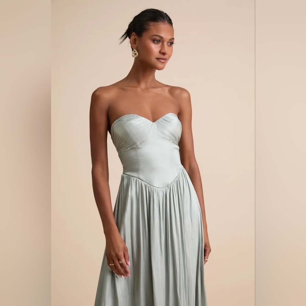 Lulus Kylin Sage Satin Basque Waist Maxi Dress XS Wedding Party Prom Formal - Picture 4 of 10